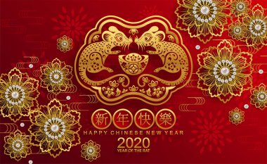 Mutlu çin yeni yıl 2020 yıl sıçan, kağıt kesilmiş sıçan karakteri, çiçek ve arka planda zanaat tarzı ile Asya elemanları. (Çince çevirisi : Happy chinese new year 2020, sıçan yılı)
