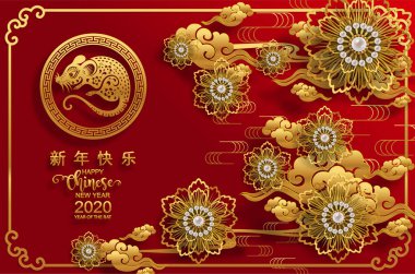 Mutlu çin yeni yıl 2020 yıl sıçan, kağıt kesilmiş sıçan karakteri, çiçek ve arka planda zanaat tarzı ile Asya elemanları. (Çince çevirisi : Happy chinese new year 2020, sıçan yılı)
