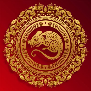 Mutlu çin yeni yıl 2020 yıl sıçan, kağıt kesilmiş sıçan karakteri, çiçek ve arka planda zanaat tarzı ile Asya elemanları. (Çince çevirisi : Happy chinese new year 2020, sıçan yılı)