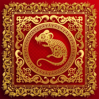 Mutlu çin yeni yıl 2020 yıl sıçan, kağıt kesilmiş sıçan karakteri, çiçek ve arka planda zanaat tarzı ile Asya elemanları. (Çince çevirisi : Happy chinese new year 2020, sıçan yılı)