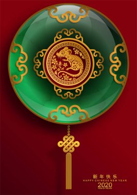 Mutlu çin yeni yıl 2020 yıl sıçan, kağıt kesilmiş sıçan karakteri, çiçek ve arka planda zanaat tarzı ile Asya elemanları. (Çince çevirisi : Happy chinese new year 2020, sıçan yılı)
