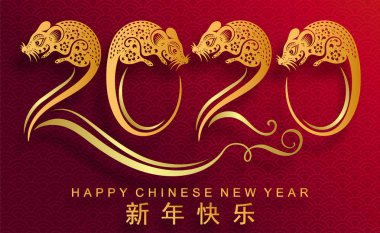 Mutlu çin yeni yıl 2020 yıl sıçan, kağıt kesilmiş sıçan karakteri, çiçek ve arka planda zanaat tarzı ile Asya elemanları. (Çince çevirisi : Happy chinese new year 2020, sıçan yılı)