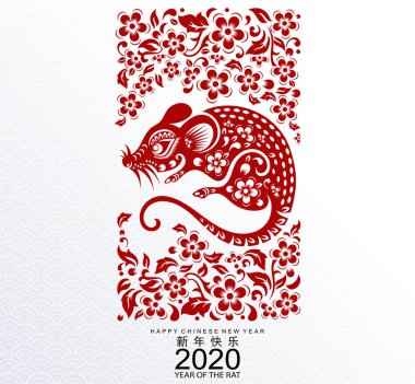 Mutlu çin yeni yıl 2020 yıl sıçan, kağıt kesilmiş sıçan karakteri, çiçek ve arka planda zanaat tarzı ile Asya elemanları. (Çince çevirisi : Happy chinese new year 2020, sıçan yılı)