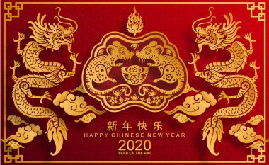 Mutlu çin yeni yıl 2020 yıl sıçan, kağıt kesilmiş sıçan karakteri, çiçek ve arka planda zanaat tarzı ile Asya elemanları. (Çince çevirisi : Happy chinese new year 2020, sıçan yılı)
