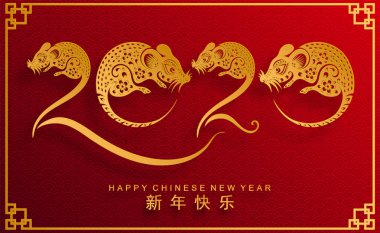 Mutlu çin yeni yıl 2020 yıl sıçan, kağıt kesilmiş sıçan karakteri, çiçek ve arka planda zanaat tarzı ile Asya elemanları. (Çince çevirisi : Happy chinese new year 2020, sıçan yılı)