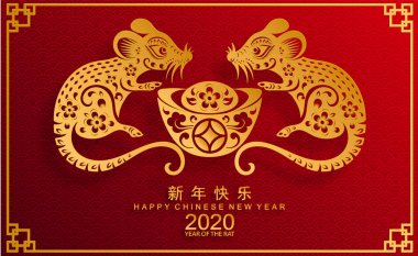 Mutlu çin yeni yıl 2020 yıl sıçan, kağıt kesilmiş sıçan karakteri, çiçek ve arka planda zanaat tarzı ile Asya elemanları. (Çince çevirisi : Happy chinese new year 2020, sıçan yılı)