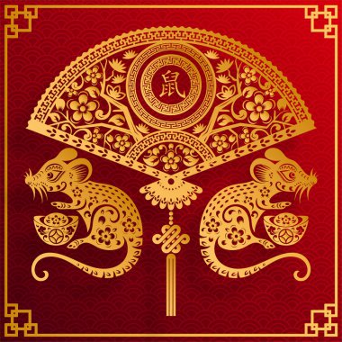 Mutlu çin yeni yıl 2020 yıl sıçan, kağıt kesilmiş sıçan karakteri, çiçek ve arka planda zanaat tarzı ile Asya elemanları. (Çince çevirisi : Happy chinese new year 2020, sıçan yılı)