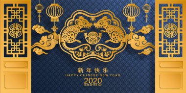 Mutlu çin yeni yıl 2020 yıl sıçan, kağıt kesilmiş sıçan karakteri, çiçek ve arka planda zanaat tarzı ile Asya elemanları. (Çince çevirisi : Happy chinese new year 2020, sıçan yılı)