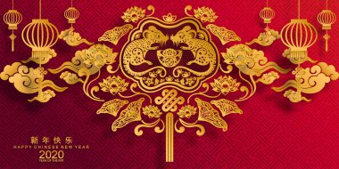 Mutlu çin yeni yıl 2020 yıl sıçan, kağıt kesilmiş sıçan karakteri, çiçek ve arka planda zanaat tarzı ile Asya elemanları. (Çince çevirisi : Happy chinese new year 2020, sıçan yılı)
