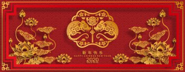 Mutlu çin yeni yıl 2020 yıl sıçan, kağıt kesilmiş sıçan karakteri, çiçek ve arka planda zanaat tarzı ile Asya elemanları. (Çince çevirisi : Happy chinese new year 2020, sıçan yılı)