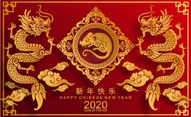 Mutlu çin yeni yıl 2020 yıl sıçan, kağıt kesilmiş sıçan karakteri, çiçek ve arka planda zanaat tarzı ile Asya elemanları. (Çince çevirisi : Happy chinese new year 2020, sıçan yılı)