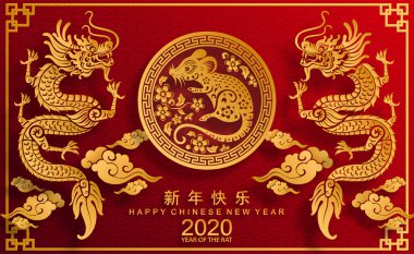 Mutlu çin yeni yıl 2020 yıl sıçan, kağıt kesilmiş sıçan karakteri, çiçek ve arka planda zanaat tarzı ile Asya elemanları. (Çince çevirisi : Happy chinese new year 2020, sıçan yılı)