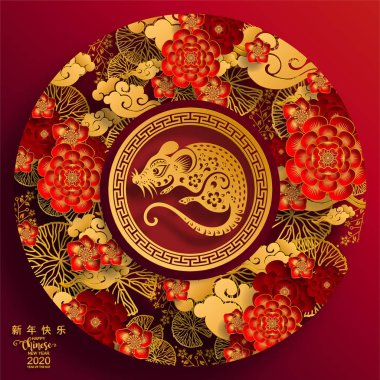 Mutlu çin yeni yıl 2020 yıl sıçan, kağıt kesilmiş sıçan karakteri, çiçek ve arka planda zanaat tarzı ile Asya elemanları. (Çince çevirisi : Happy chinese new year 2020, sıçan yılı)