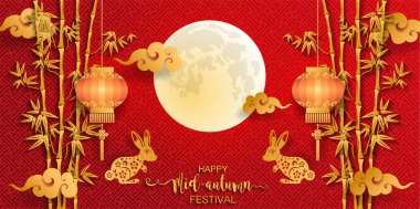 Orta Sonbahar festivali veya Ay festivali tavşan ve ay, mooncake, çiçek, altın kağıt renkli arka plan kesim tarzı ile Çin fenerler. ( Çeviri : Sonbahar Ortası Festivali )