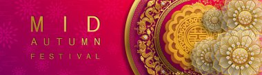 Orta Sonbahar festivali veya Ay festivali tavşan ve ay, mooncake, çiçek, altın kağıt renkli arka plan kesim tarzı ile Çin fenerler. ( Çeviri : Sonbahar Ortası Festivali )