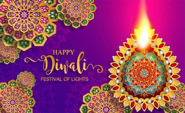Diwali, Deepavali veya Dipavali altın Diya desenli ve kağıt renkteki kristaller ile Işıklar Hindistan Festivali arka plan.