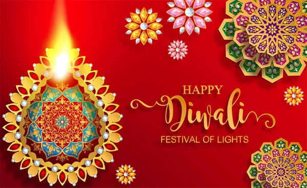 Diwali Deepavali Dipavali Фестиваль Огней Индии Золотой Диаей Узор Кристаллы — стоковый вектор