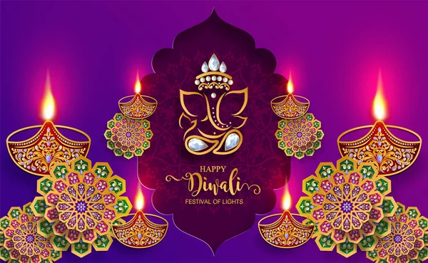 Diwali Deepavali Vagy Dipavali Fesztivál Fények India Arany Diya Mintás — Stock Vector