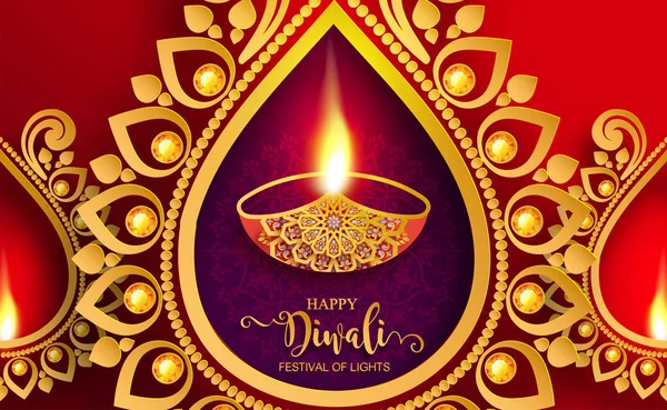 Diwali Deepavali Dipavali Фестиваль Огней Индии Золотой Диаей Узор Кристаллы — стоковый вектор