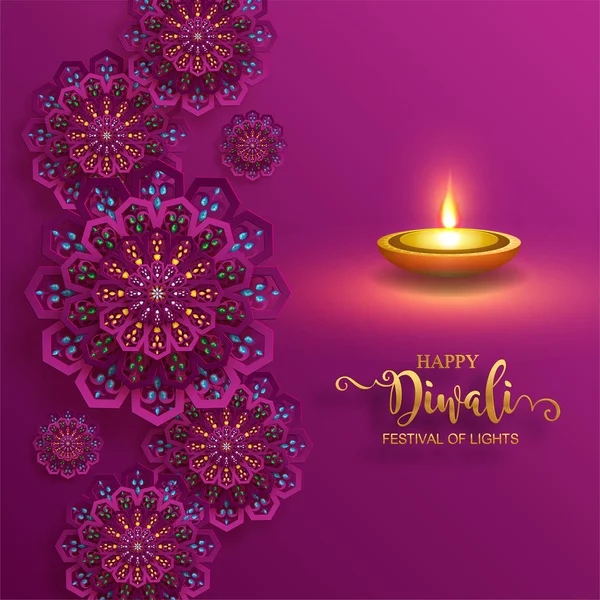 Diwali Deepavali Veya Dipavali Altın Diya Desenli Kağıt Renkteki Kristaller — Stok Vektör