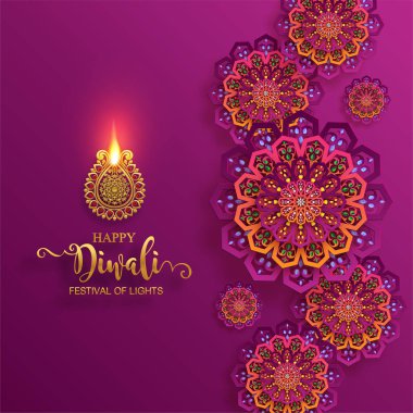 Diwali, Deepavali veya Dipavali altın Diya desenli ve kağıt renkteki kristaller ile Işıklar Hindistan Festivali arka plan.