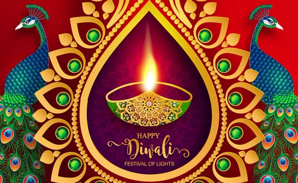 Diwali Deepavali Dipavali Festival Luces India Con Diya Oro Modelado — Vector de stock