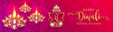 Diwali, Deepavali veya Dipavali altın Diya desenli ve kağıt renkteki kristaller ile Işıklar Hindistan Festivali arka plan.