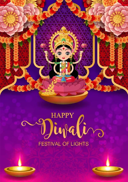 Diwali Deepavali Dipavali Festival Luces India Con Diya Oro Modelado — Vector de stock