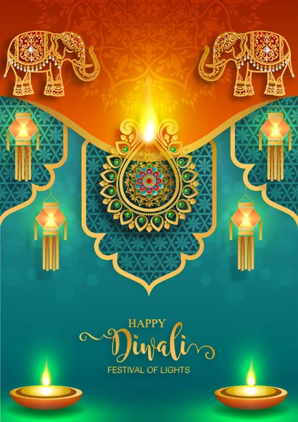 Diwali Deepavali Dipavali Festival Luces India Con Diya Oro Modelado — Vector de stock