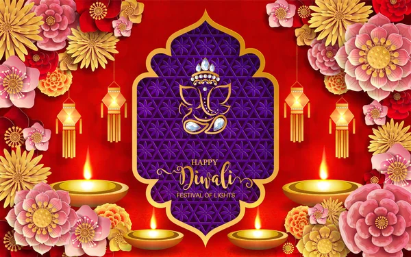 Diwali Deepavali Dipavali Festival Delle Luci India Con Oro Diya — Vettoriale Stock