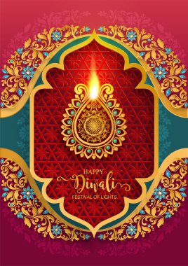 Diwali, Deepavali veya Dipavali altın Diya desenli ve kağıt renkteki kristaller ile Işıklar Hindistan Festivali arka plan.