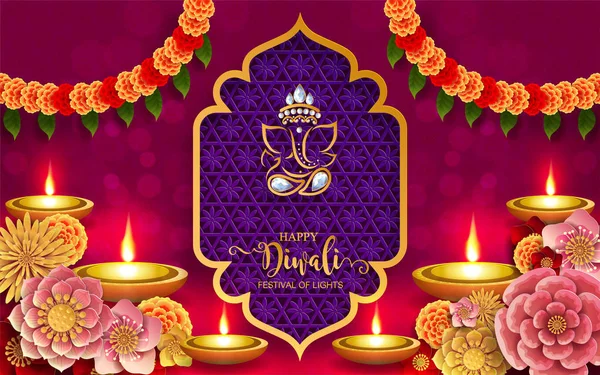 Diwali Deepavali Dipavali เทศกาลของแสงอ นเด ปแบบทอง Diya และคร ลบนพ นหล — ภาพเวกเตอร์สต็อก