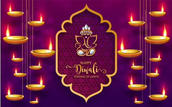 Diwali Deepavali Dipavali Festival Delle Luci India Con Oro Diya — Vettoriale Stock