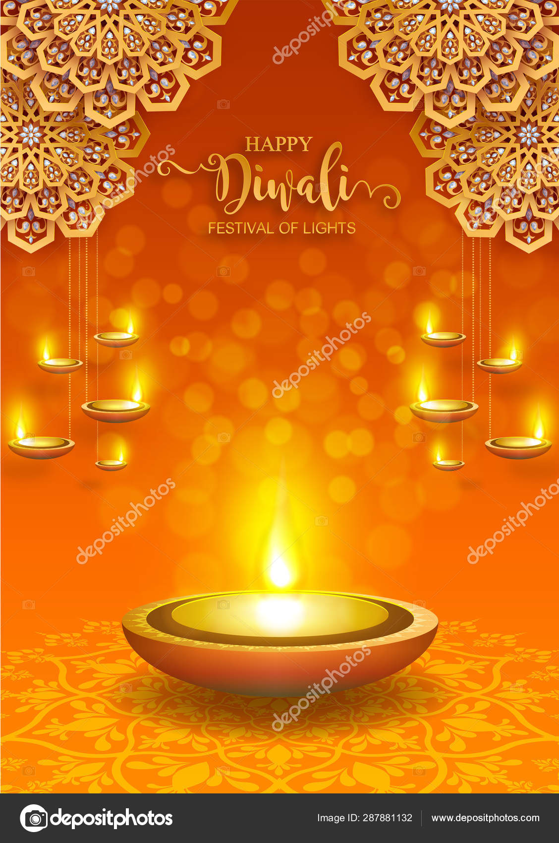 Diwali Deepavali Dipavali Festival Lights India Gold Diya Patterned  Crystals Stock Vector Image by © #287881132