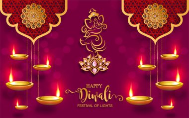 Diwali, Deepavali veya Dipavali altın Diya desenli ve kağıt renkteki kristaller ile Işıklar Hindistan Festivali arka plan.