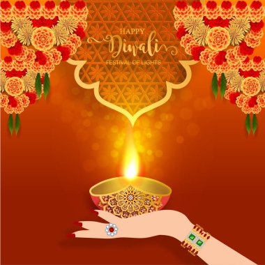 Diwali, Deepavali veya Dipavali altın Diya desenli ve kağıt renkteki kristaller ile Işıklar Hindistan Festivali arka plan.