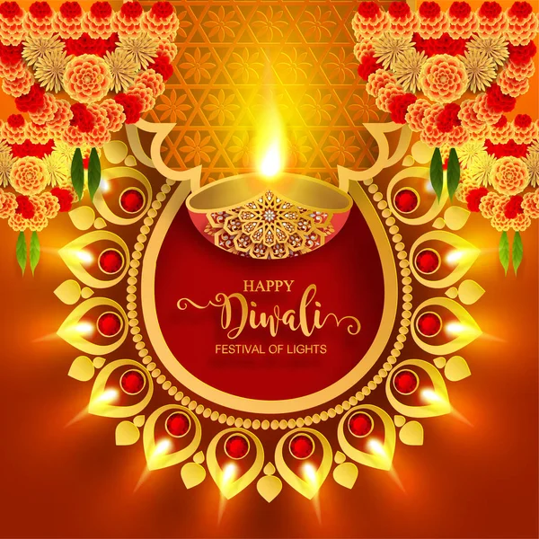 Diwali Deepavali Dipavali Festival Luces India Con Diya Oro Modelado — Vector de stock