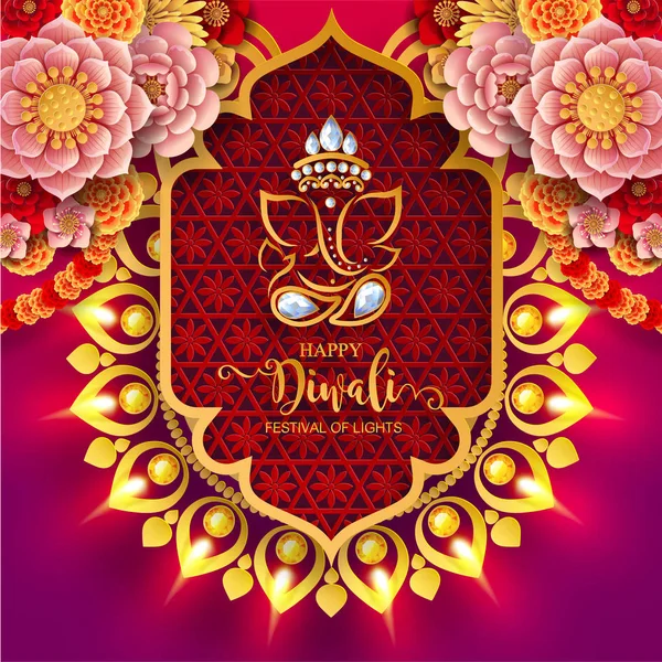 Diwali Deepavali Dipavali Festival Luces India Con Diya Oro Modelado — Vector de stock