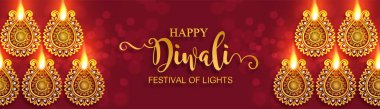 Diwali, Deepavali veya Dipavali altın Diya desenli ve kağıt renkteki kristaller ile Işıklar Hindistan Festivali arka plan.