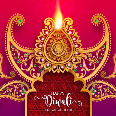 Diwali, Deepavali veya Dipavali altın Diya desenli ve kağıt renkteki kristaller ile Işıklar Hindistan Festivali arka plan.