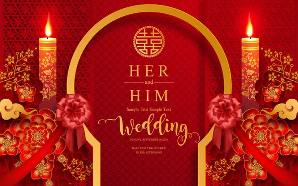 Kinesiska Orientaliska Bröllop Inbjudningskort Mallar Med Vackra Mönstrade Papper Färg — Stock vektor