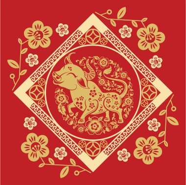 2021 yılında Çin 'de öküz, kırmızı kağıt arka planda el işi tarzıyla öküz, çiçek ve Asyalı elementleri kesiyor. (Çince çevirisi: Mutlu Çince yeni yıl 2021, öküz yılı)