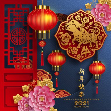 2021 yılında Çin 'de öküz, kırmızı kağıt arka planda el işi tarzıyla öküz, çiçek ve Asyalı elementleri kesiyor. (Çince çevirisi: Mutlu Çince yeni yıl 2021, öküz yılı)