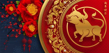 2021 yılında Çin 'de öküz, kırmızı kağıt arka planda el işi tarzıyla öküz, çiçek ve Asyalı elementleri kesiyor. (Çince çevirisi: Mutlu Çince yeni yıl 2021, öküz yılı)