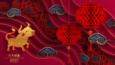 2021 yılında Çin 'de öküz, kırmızı kağıt arka planda el işi tarzıyla öküz, çiçek ve Asyalı elementleri kesiyor. (Çince çevirisi: Mutlu Çince yeni yıl 2021, öküz yılı)