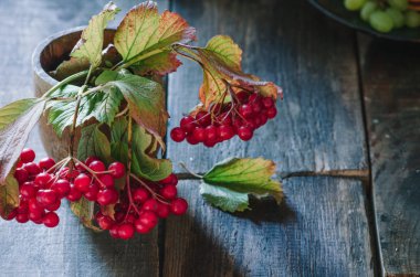 Ahşap arka plan üzerinde guelder-gül ve sonbahar yaprakları bileşimi