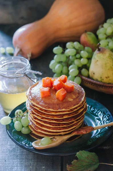Breakfast Pumpkin Pancakes Honey Grapes Rustic Style — Stock Photo, Image