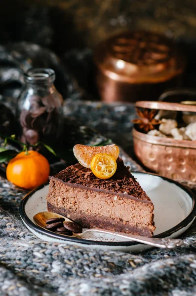 Chocolate Cheesecake Decorated Kumquat Mandarin — Stock Photo, Image