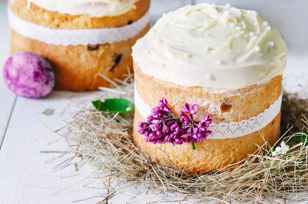 Pastel Pascua Kulich Tradicional Ruso Ucraniano Pan Pascua Paska Enfoque —  Fotos de Stock