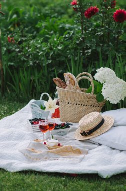 Piknik sepet çim üzerinde gıda ile. Piknik kavramı.